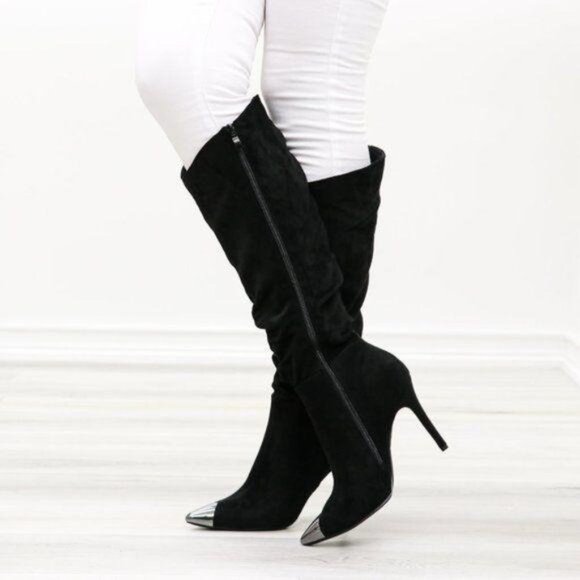 Pointy Toe Below The Knee Black Boots Faux Suede - Picture 15 of 16